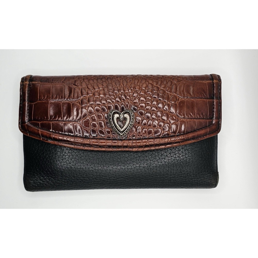 Brighton Bella Luna Black Leather & Brown Croc Gator Clutch Wallet Organizer